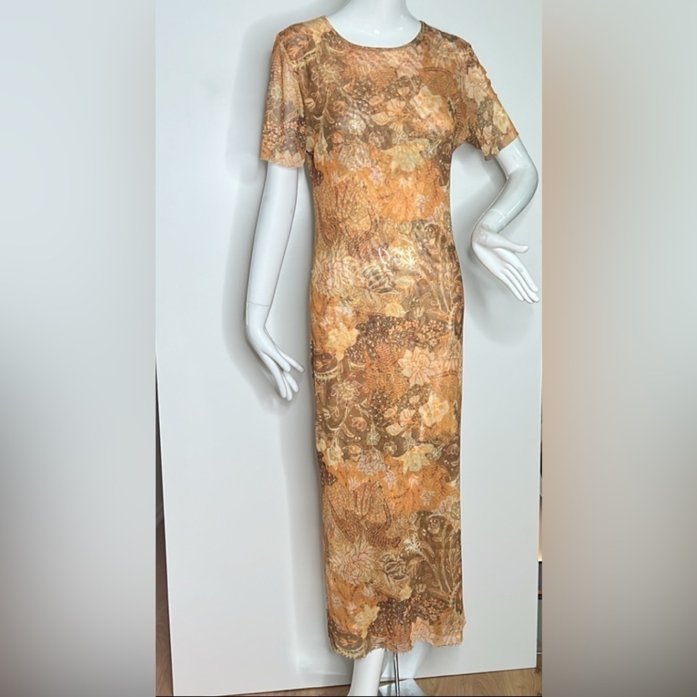 Misa Los Angeles Sz L Mesh Ikat Golden Floral Batik Maxi Dress